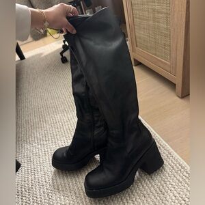 Women’s Black Leather Knee-High Platform Square-Toe Boots